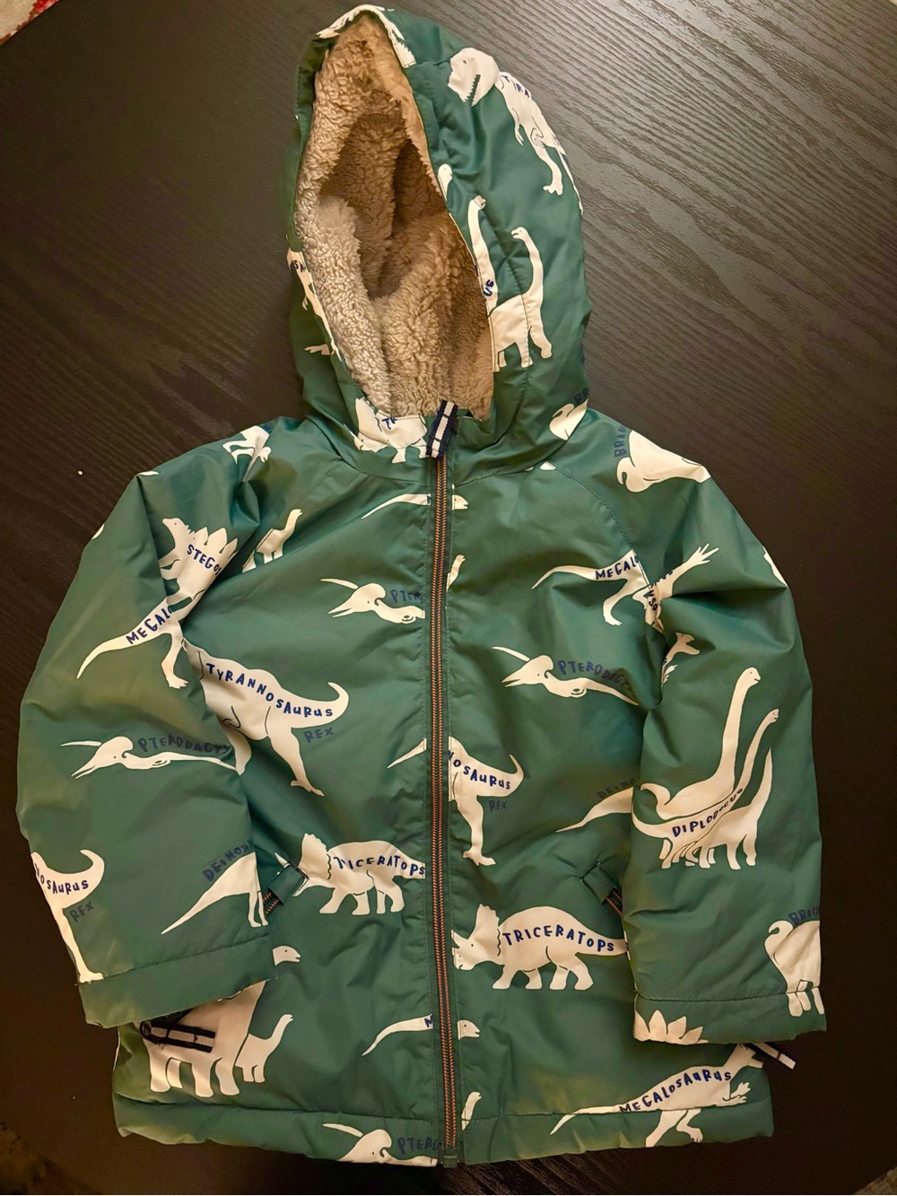 Mini Boden Green Sherpa Lined Parka with White Dino Print